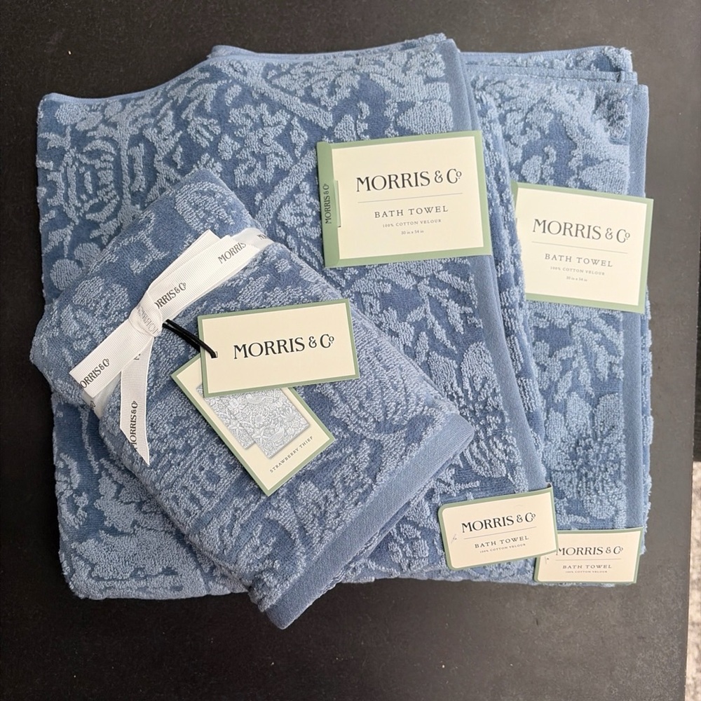 NWT William Morris & Co Blue Strawberry Thief Bath Towel Set 100% Cotton Velour